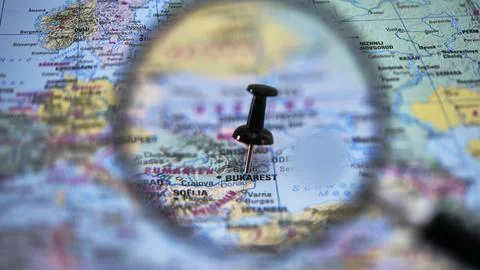 Exploring locations on a map with focus on Bucharest and surrounding areas Stock Photos