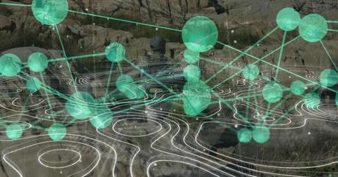 Exploring lone man navigating rocky canyon by water, glowing green data nodes Stock Illustration