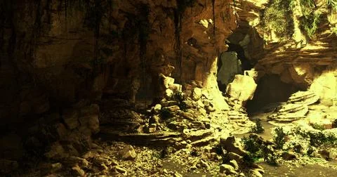 Exploring a lush cave interior with vibrant rock formations and greenery Stock Illustration