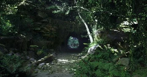 Exploring a lush forest pathway leading to a mysterious cave Stock Illustration