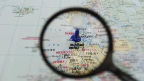 Exploring the map of Europe with a focus on Hamburg, Germany and nearby cities Video stock 343289496