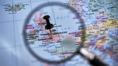 Exploring the map with a focus on Manchester, UK Stock Photos