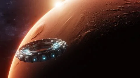 Exploring Mars using spaceships Stock Illustration