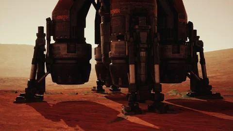 Exploring a Martian base: close up of landing gear on red planet surface Stock Illustration