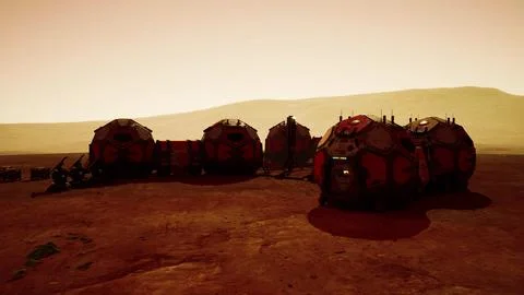 Exploring the Martian base with habitat modules under a dusty orange sky Stock Illustration