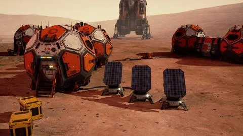 Exploring the Martian base with habitat modules under a dusty orange sky Stock Illustration