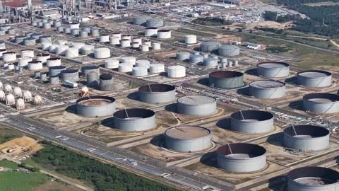 Exploring a massive oil refinery and its intricate fuel production process Stock Footage 334641737