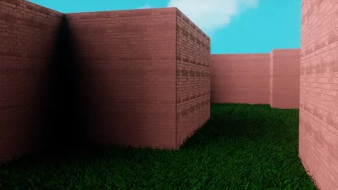 Exploring Maze Red Brick Walls and Green Grass Under Blue Sky Journey Throu.. Stock-Footage 314066258