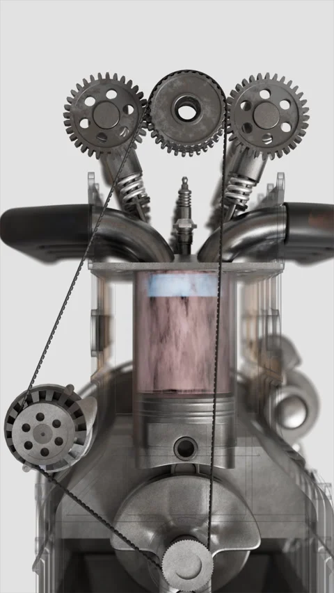 Exploring mechanics of combustion in engine model, multiple gears and pistons Stock Footage 322542620