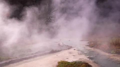 Exploring mesmerizing geothermal fields with its steaming geysers hot Stock Footage 263757683