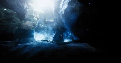 Exploring a mysterious cave illuminated by glowing light sources Stock Illustration