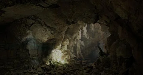Exploring a mysterious cave with natural light illuminating the rock formatio Stock Illustration