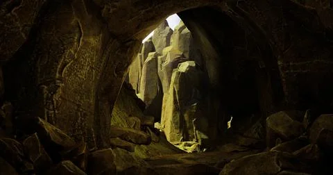 Exploring the mysterious cave surrounded by rugged, natural rock formations Stock Illustration