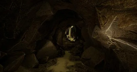 Exploring a mysterious cave with unique rock formations and shadows Stock Illustration