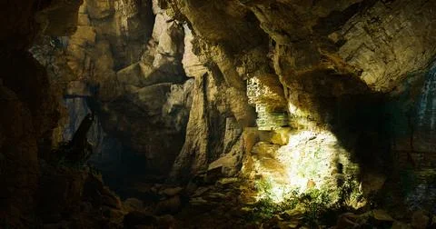 Exploring the mysterious depths of a sunlit cave surrounded by nature Stock Illustration