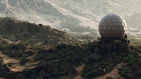 Exploring a Mysterious Geodesic Dome on a Rugged Mountain Landscape Stock Footage 344824293