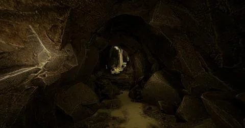 Exploring a mysterious underground cave filled with rocks and shadows Stock Illustration