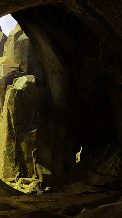 Exploring a mystical cave filled with towering rocks and enchanting light Stock Footage 332202152