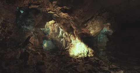 Exploring a mystical underground cave with shimmering water and rock formatio Stock Illustration