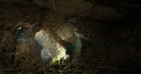 Exploring a natural cave with sunlight filtering through rock formations Stock Illustration
