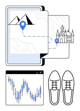 Exploring New Destinations Through Maps, Charts, and Footwear Symbols Stock Illustration