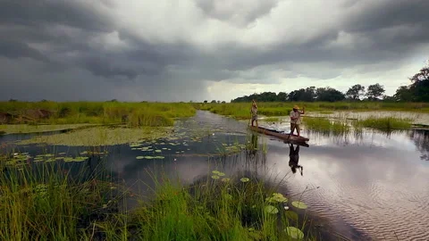 Exploring Okavango Delta waterways by canoe and foot near Botswana Stock Footage 327671859