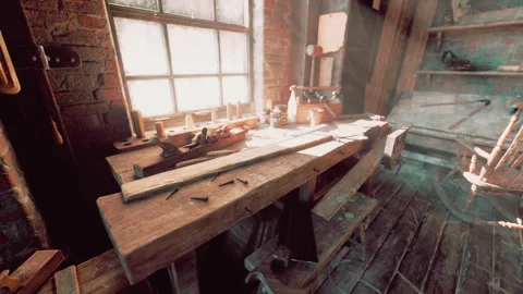 Exploring an old carpentry workshop filled with vintage tools and sunlight Stock Footage 331399795