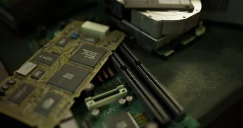 Exploring old computer components with circuit boards and hard drives Stock Illustration