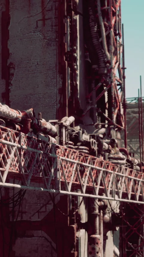 Exploring an old industrial site with rust and decay in bright sunlight Vídeo Stock 337992373
