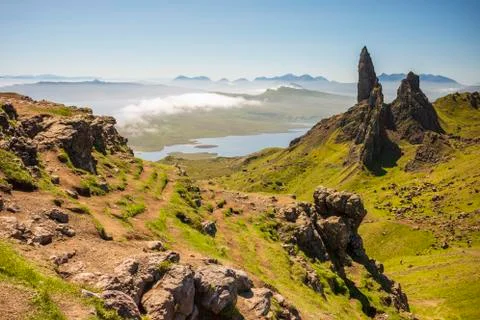 Exploring Old Man of Storr near Portree, Scotland Foto stock