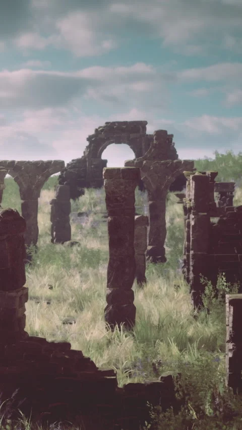Exploring old ruins in a green landscape during the daytime Stock Footage 337930500