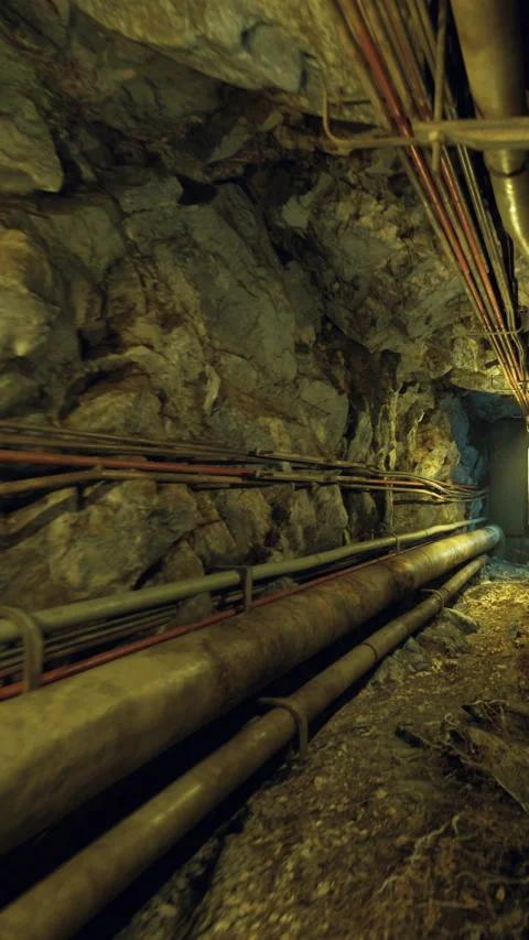 Exploring old tunnels with metal pipes and rocky walls in underground location Stock Footage 339941204