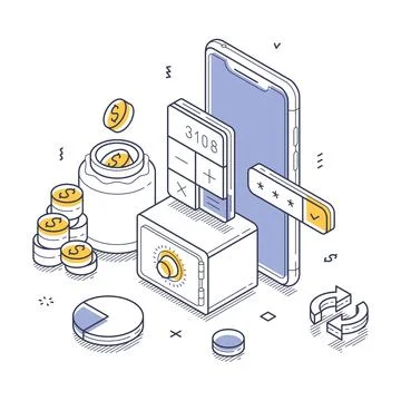 Exploring online banking through an isometric line art illustration of fina.. Illustrazione stock