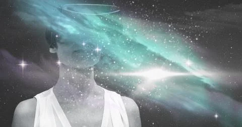 Exploring outer space simulation, woman wearing virtual reality headset in room Stock Illustration