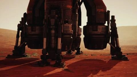 Exploring the Red Planet: A Martian base with lander during sunset Stock Illustration