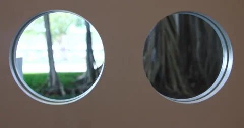 Exploring reflections through circular windows in a park setting Stock Footage 281705975