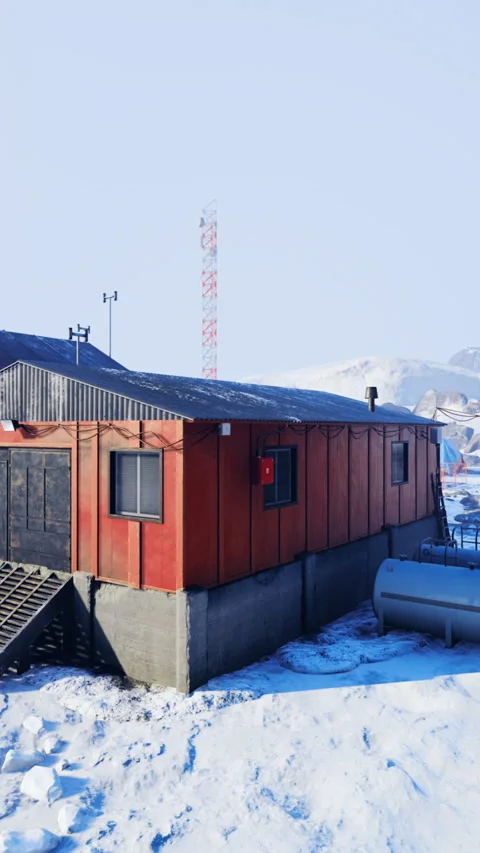 Exploring remote research outpost nestled in the icy wilderness at dawn 스톡 동영상 329175012