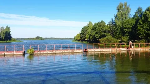 Exploring a riverbank with water, trees, and a bridge set against a clear blue s Stock Footage 327344441