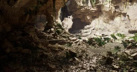 Exploring the rock formations and greenery in a rugged cave environment Stock Illustration