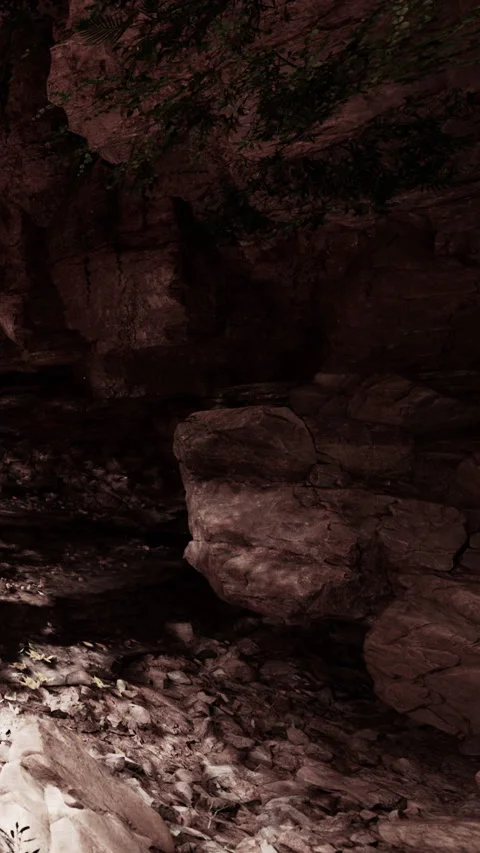 Exploring rock formations and shadows in a natural cave setting Stock Footage 341987989