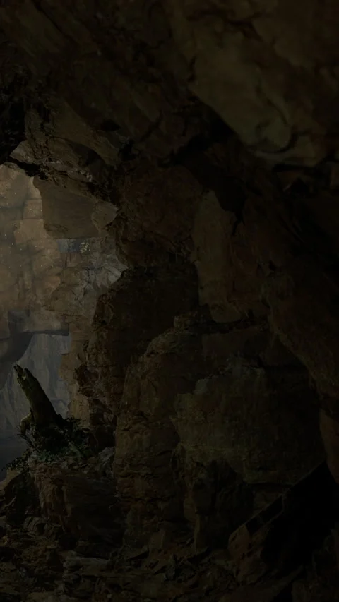 Exploring a rocky cave with dim light and unique formations present Stock Footage 332231181