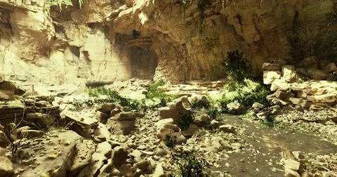 Exploring a rocky cave with greenery in a remote natural environment Stock Illustration