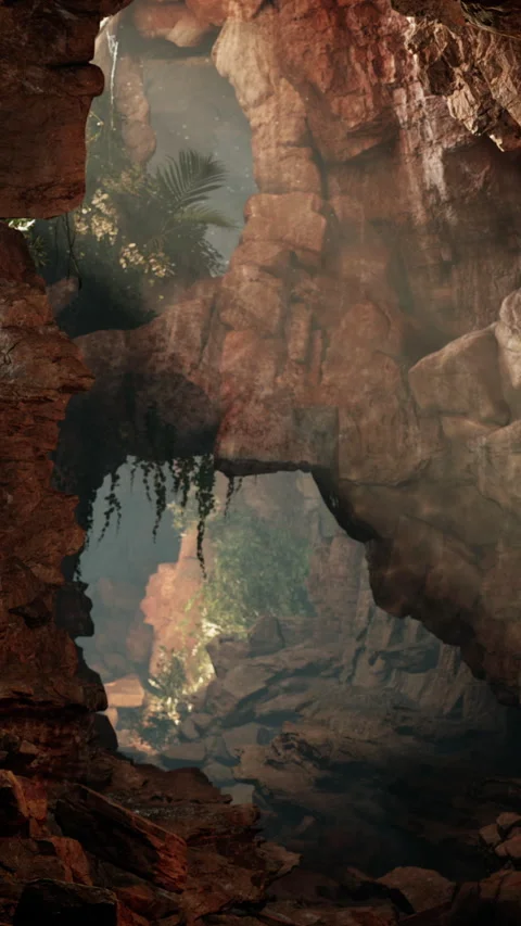 Exploring a rocky cave with light shining through the entrance in a forest Stock Footage 340281551