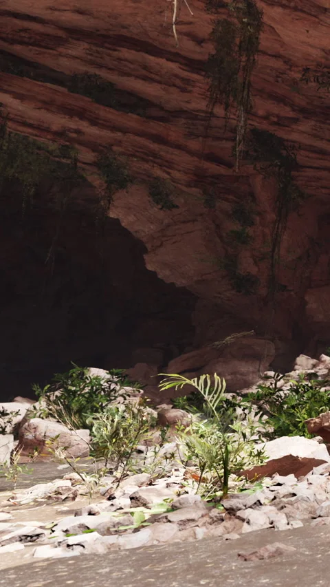 Exploring a rocky cave with plants in a natural setting during daylight Stock Footage 340264733
