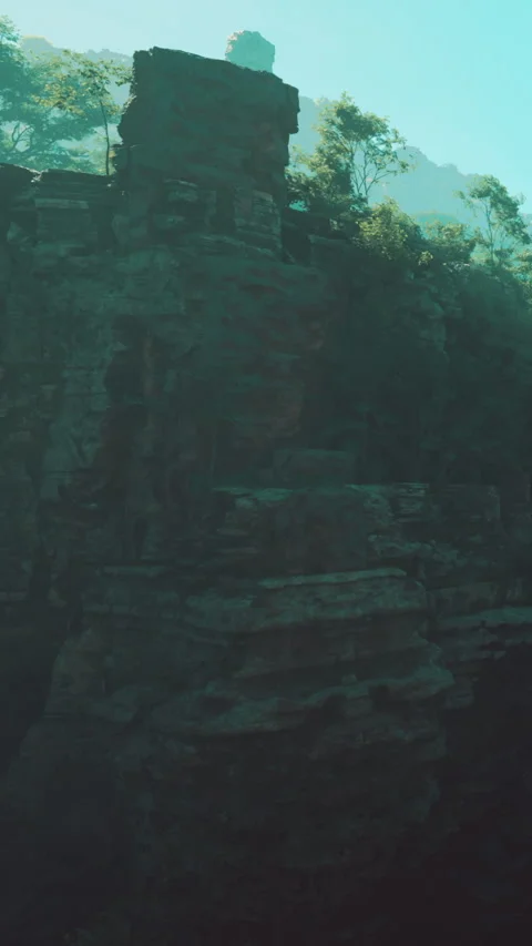 Exploring rocky cliffs surrounded by trees in a natural area during daylight Stock Footage 341243944
