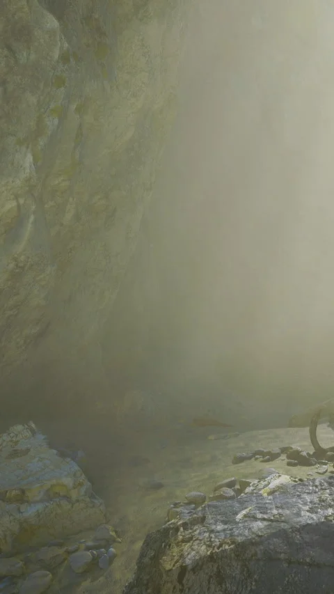 Exploring a rocky shore with mist and light during early morning hours Stock Footage 334259883