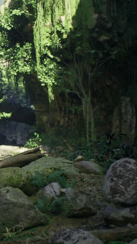 Exploring a rocky terrain with green plants and cave entrance in the background Stock Footage 331680028