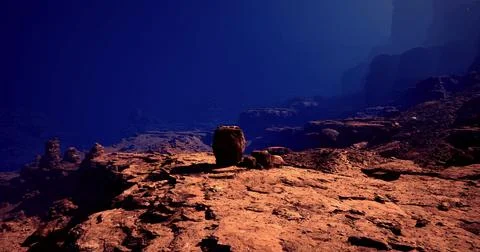 Exploring the rocky underwater landscape in deep blue ocean Stock Illustration