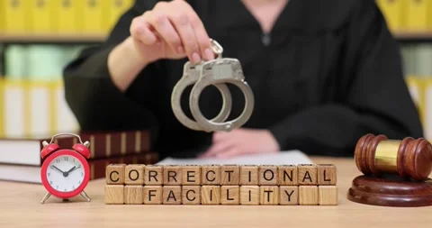Exploring the role of justice in a correctional facility with handcuffs, clock Stock Footage 320181096