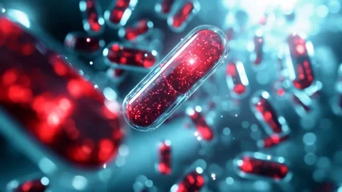 Exploring the role of red capsules in modern medicine and health Stock Footage 302428846